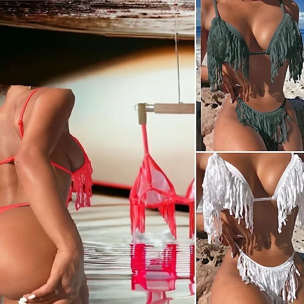 Fringe Bikini l Tie Back l White Green & Mouth-watering Watermelon l Lined l New